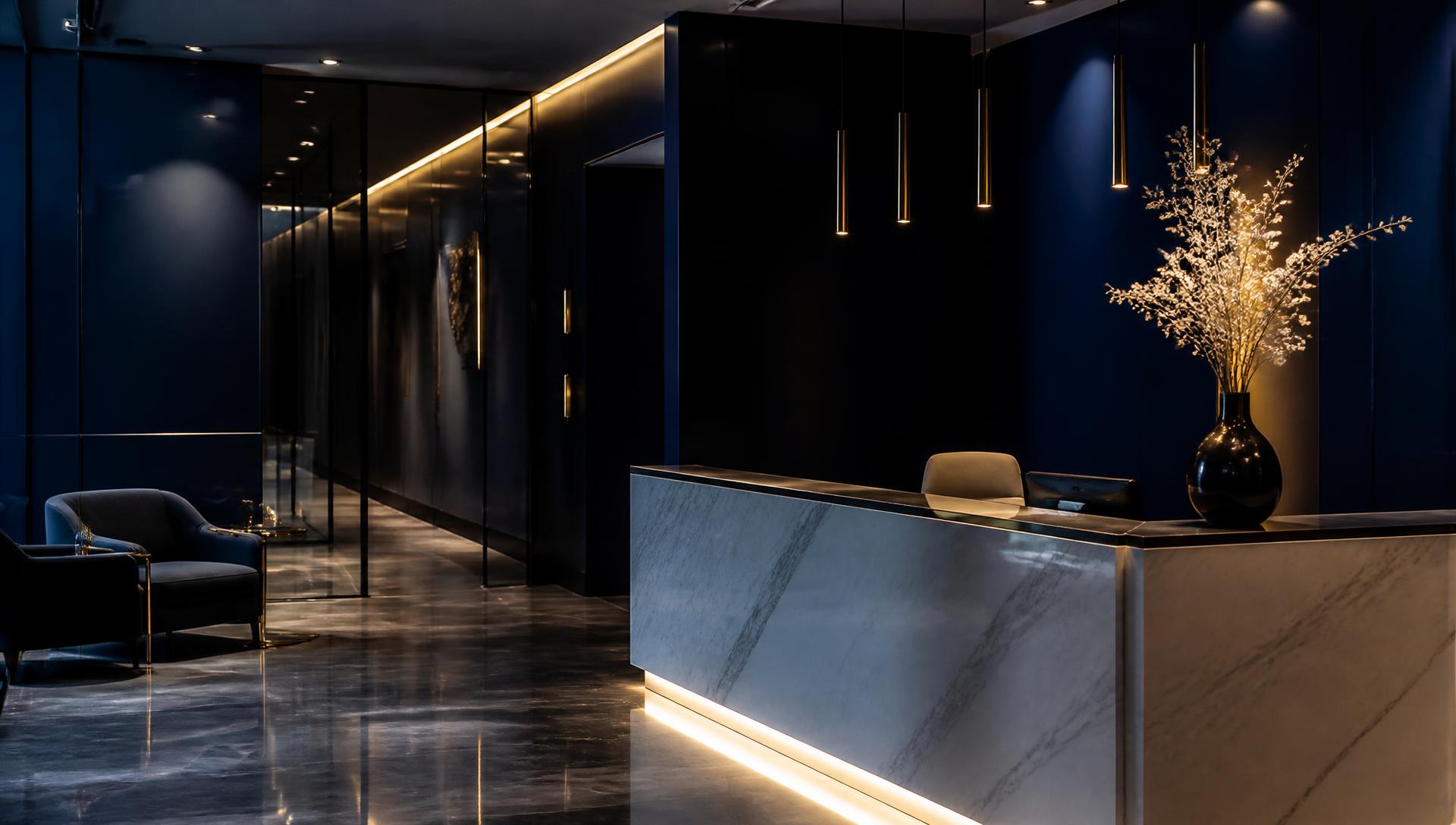 Premium aesthetic clinic reception in midnight navy with marble desk and warm light
