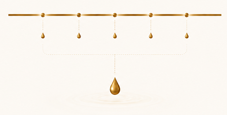 Five small leakages along a single line accumulating into one large drop